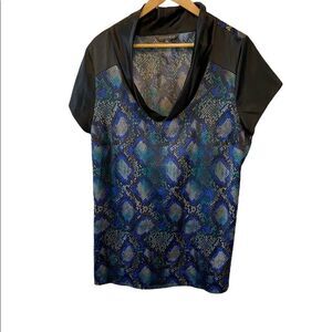 ADDITION ELLE Snakeskin Satin Black & Blue Cowl Neck Short Sleeve Top 16